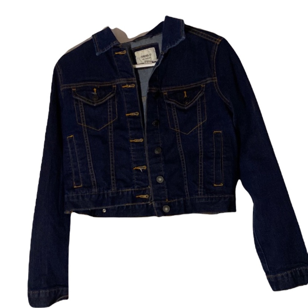Forever 21 Denim Dark Wash Jean Jacket Cropped With Pockets